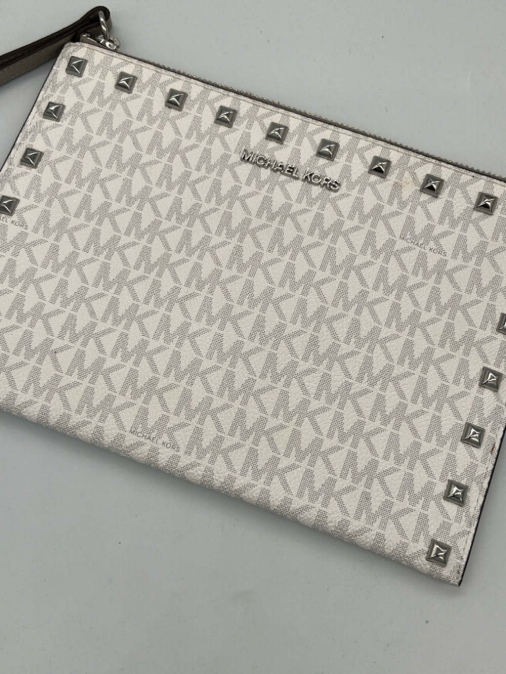 Michael Kors White & Light Taupe MK Logo Studded Wristlet